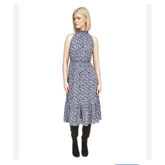 New Michael Kors Halter Sleeveless Printed Blue Midi Women’s Dress Size L - Picture 1 of 11
